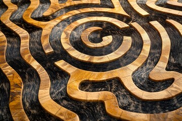 Intricate stone labyrinth nestled among greenery invites exploration and curiosity on a sunny day