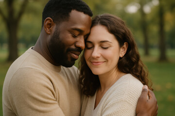 Fototapeta premium Close bonding smiling couple embracing in a peaceful park setting