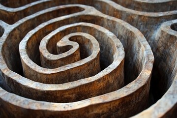 Intricate stone labyrinth nestled among greenery invites exploration and curiosity on a sunny day