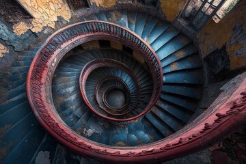 Endless spiral staircase viewed from above, showcasing a mesmerizing architectural design in a historic building