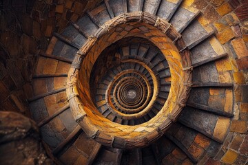 Endless spiral staircase viewed from above, showcasing a mesmerizing architectural design in a historic building