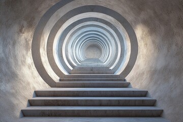 Steps lead into an endless circular tunnel creating a mysterious atmosphere with a sense of depth and intrigue