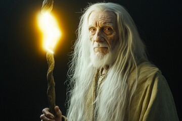 Old magician with long white hair holding a glowing staff in a mystical landscape during twilight hours