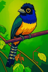 Adobe Illustrator Artwork Elegant Blue-Yellow Tropical Bird on Vine Branch – Digital Nature Artwork
