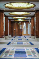 Opulent Art Deco interior architecture inside lobby, atrium or foyer on modern ocean liner style...