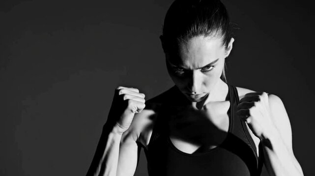Slow Motion 4K Black and White Close-Up  Intense Female Fighter Stares Down the Camera
