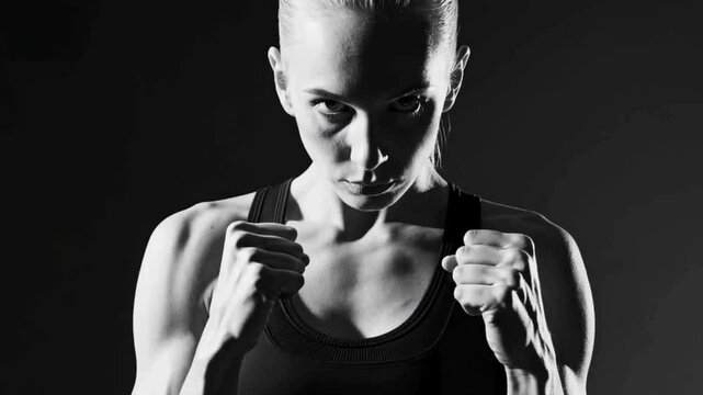 Slow Motion 4K UHD Black & White  Gritty Close-Up of Female Fighter&rsquo;s Unbreakable Gaze