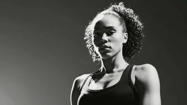 Slow Motion 4K UHD Black & White Video of Female Fitness Model Athlete Staring Down Directly At The Camera