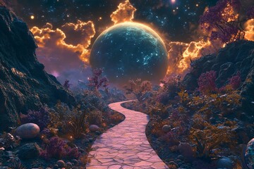Magical road leads through a cosmic landscape toward distant planets in a starry night sky