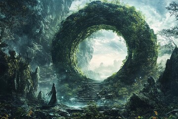 Majestic portal to another world glows amidst ethereal landscape with rolling clouds and sunlit greenery