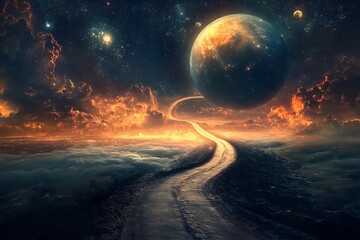Magical road leads through a cosmic landscape toward distant planets in a starry night sky