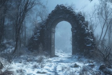 Majestic portal to another world glows amidst ethereal landscape with rolling clouds and sunlit greenery