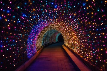 Colorful illuminated tunnel creates a stunning visual experience with shimmering lights in various hues