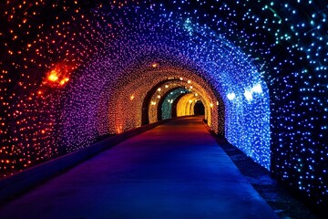 Colorful illuminated tunnel creates a stunning visual experience with shimmering lights in various hues