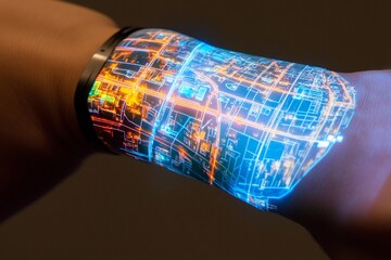3D holographic map displayed from a wristband illuminates the hand with vibrant city pathways and landmarks during the evening