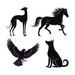 Animal Silhouettes Vector Set. Horse, Dog, and Bird Silhouettes.
