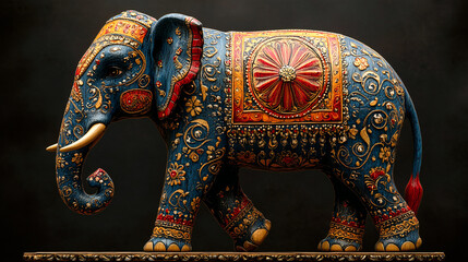 Obraz premium 3D elephant, painted in blue and red Indian style with patterns on the body of an elegant wooden painting for wall decoration, decorated with beautiful patterns from India on its back and trunk