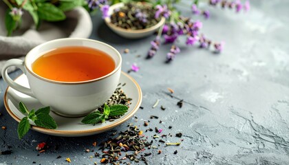 Cup of tea on saucer with herbs & flower decor on grey surface