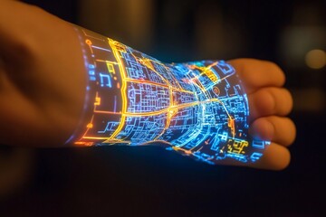 3D holographic map displayed from a wristband illuminates the hand with vibrant city pathways and landmarks during the evening