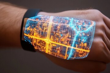 3D holographic map displayed from a wristband illuminates the hand with vibrant city pathways and landmarks during the evening