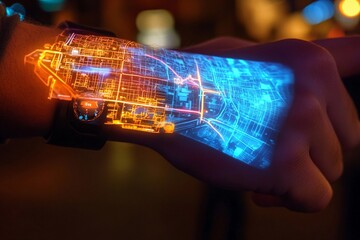 3D holographic map displayed from a wristband illuminates the hand with vibrant city pathways and landmarks during the evening