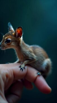 Tiny deer fawn perched gently on a human finger against a dark backdrop