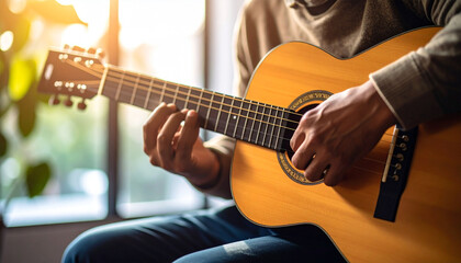 close up of a man playing an acoustic guitar, with soft light from the window