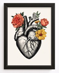 Vintage-style framed art of an anatomical heart blooming with roses, set against an old dictionary page. A blend of science, nature, and love, symbolizing emotional depth and poetic anatomy.
