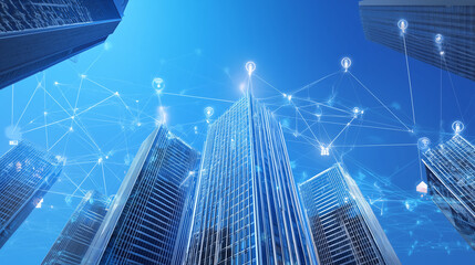 Urban Smart Building Network Illustration with Skyscrapers and Interconnected Icons Against Blue Sky