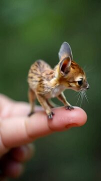 Tiny deer fawn balances delicately on a person's fingertip against a blurred green backdrop
