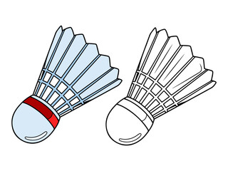 A Badminton shuttlecock illustration, with one colored light blue version and one black and white outline. Ideal for sports graphics or coloring pages.