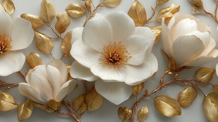 Elegant 3D floral wallpaper featuring golden magnolias and roses for luxurious home decor