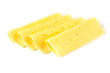  slices of folded Swiss cheese isolated on white