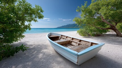 Tranquil beach scene with small white boat