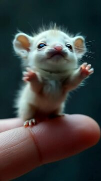 Tiny, fluffy creature perched on a fingertip against a dark background