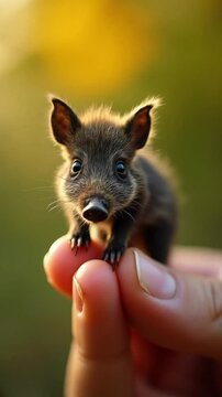 Tiny, furry creature with big eyes and ears perched on fingertips against a blurred background