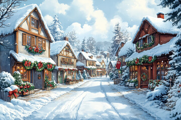Fototapeta premium Snowy village with Christmas decorations and a snowy road.