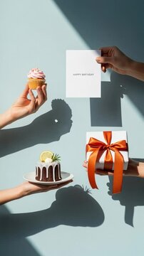 Hands holding birthday cupcake, card, and gift against a light blue background.