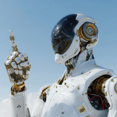 Futuristic robot with elegant design commands attention under a vast blue sky