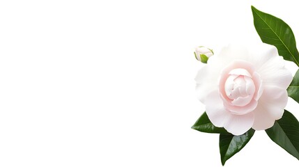 Obraz premium Elegant white camellia blossom and bud with leaves on a clean background