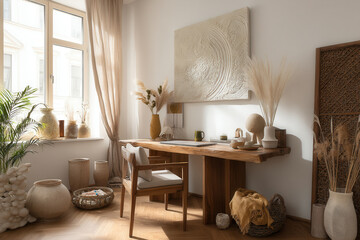 Stylishly curated boho home office blending elegance and minimalism with natural elements in bright sunlight