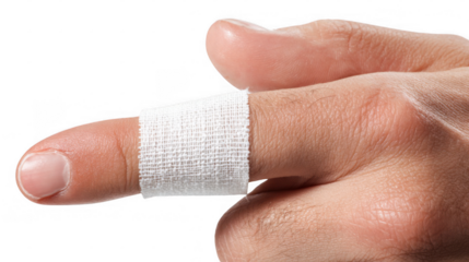 Close up of a bandaged finger with white medical tape, showcasing first aid treatment for injuries on a transparent background, ideal for healthcare and medical visuals