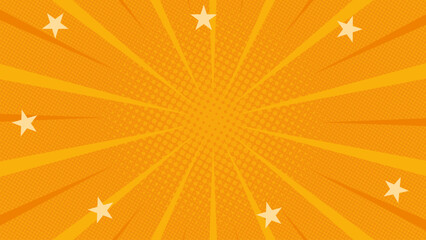 Orange halftone comic background with quick stripes around and stars. Vector illustration. Suitable for comics, prints, posters, etc.