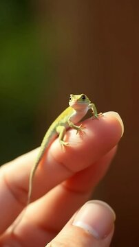 Tiny green lizard perched on fingertips, showcasing intricate details and vibrant color against blurred background