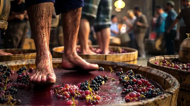 Feet crushing grapes in wooden barrels during harvest. Winemaking tradition.