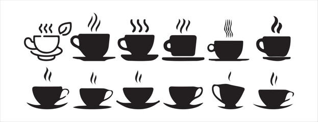 Collection of Coffee and Tea Cup Icons – Black and White Hot Drink Vector Set. Victor illustration eps 10