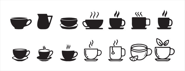 Set of Black Coffee Cup Icons with Steam – Vector Silhouettes of Hot Beverages. Victor illustration eps 10