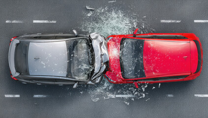 Aerial view captures a dramatic intersection accident involving a red car and a silver vehicle with shattered glass on the roadway