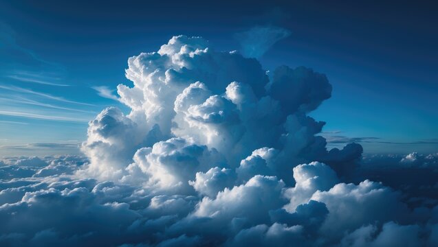A stunning view of a cumulus cloud formation against a vast blue sky, with white, fluffy clouds creating a dramatic contrast with the deep blue of the atmosphere - Powered by Adobe