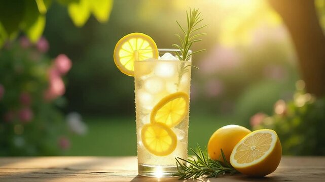 Refreshing Lemonade Drink with Ice and Mint Outdoors